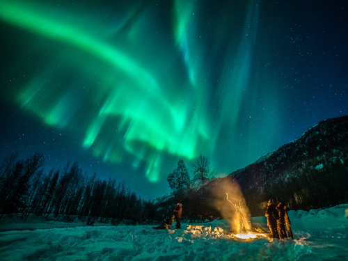 A group of people standing in a field next to a fire, watching the Northern Lights